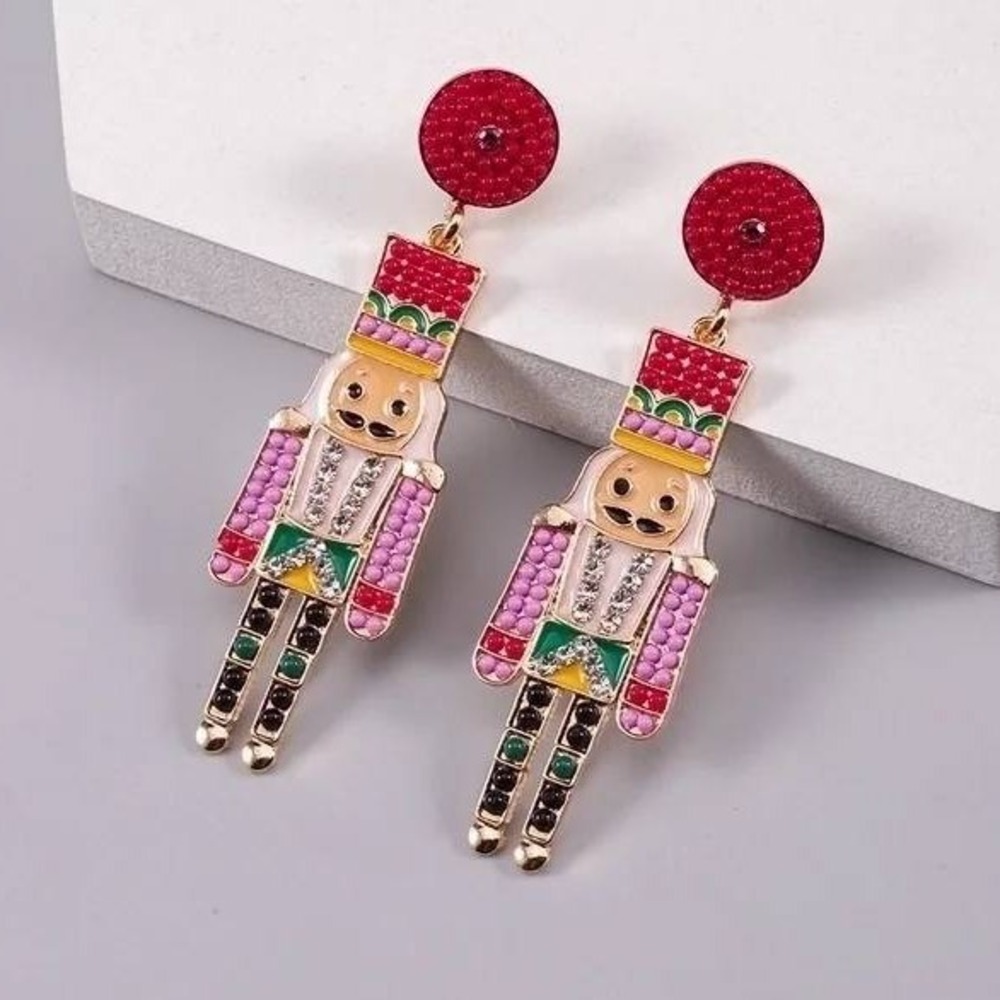 Cute Nutcracker‎ Dangle Earrings Red Hat Gemstone Christmas Holiday Fun